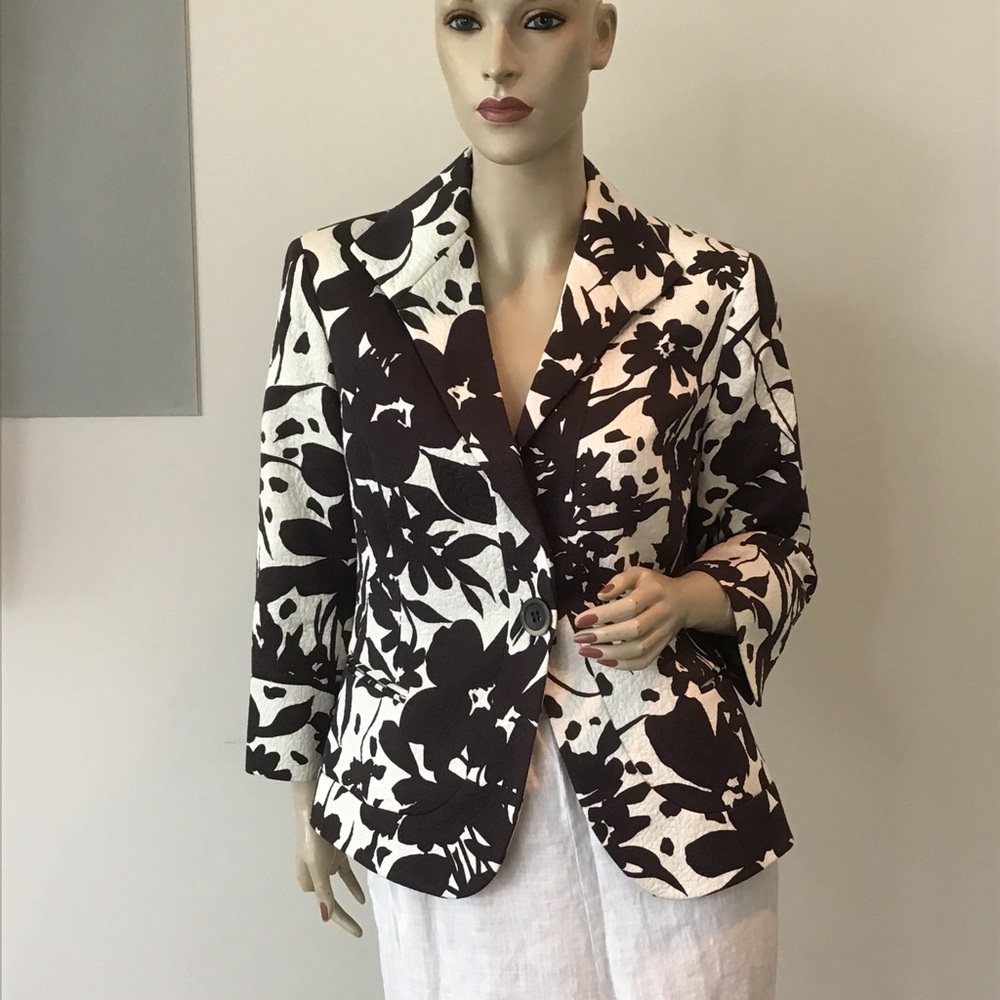 Lafayette 148 Brown Cream Floral Print Textured Cotton 1 Button Jacket 8